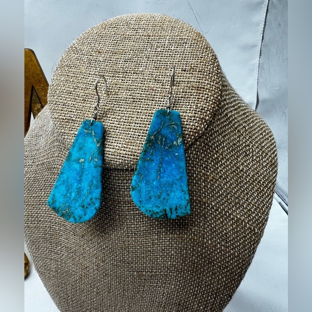 Turquoise Slab 925 Earrings Native American - Picture 4 of 6